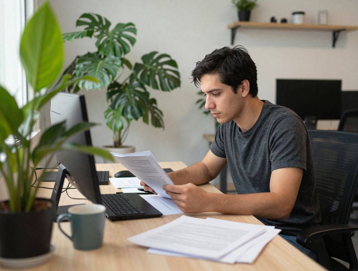 Espacio de trabajo luminoso y ordenado con una persona concentrada leyendo documentos científicos junto a una planta verde y una taza de té, ambiente de estudio tranquilo