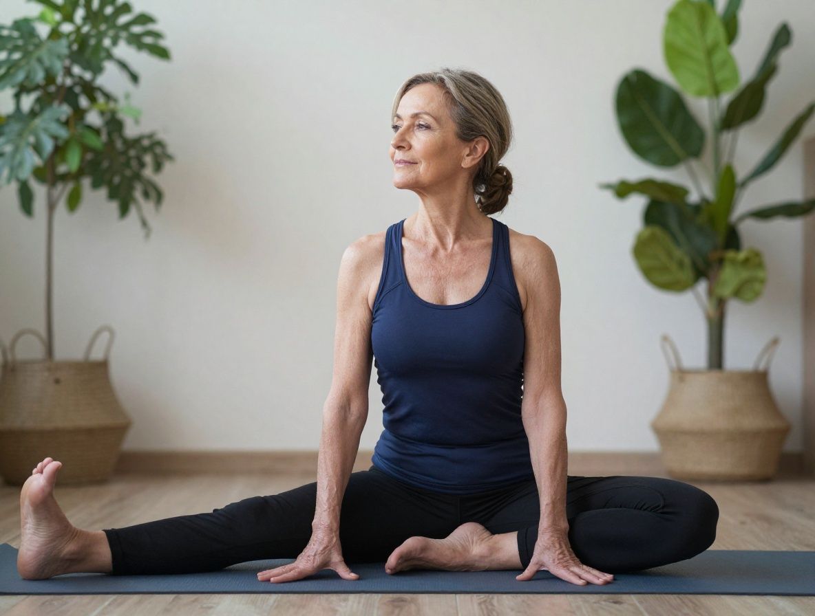 Mujer mayor activa realizando estiramientos matutinos en un jardín con flores, con expresión de serenidad y bienestar físico
