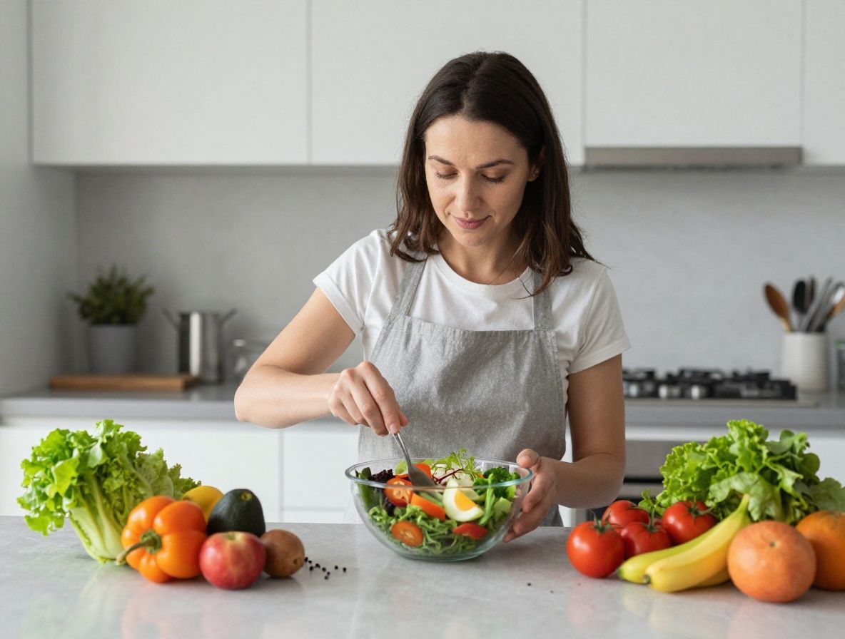 Persona adulta preparando una ensalada colorida con vegetales frescos y hierbas en una cocina luminosa y moderna, enfocado en alimentación saludable