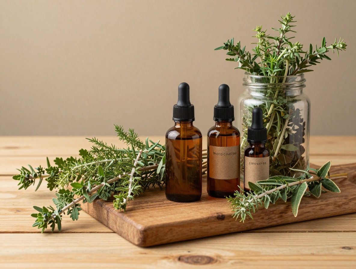 Vista superior de hierbas medicinales secas, frascos de vidrio con extractos naturales y hojas verdes frescas sobre una superficie de madera rústica, con iluminación natural cálida