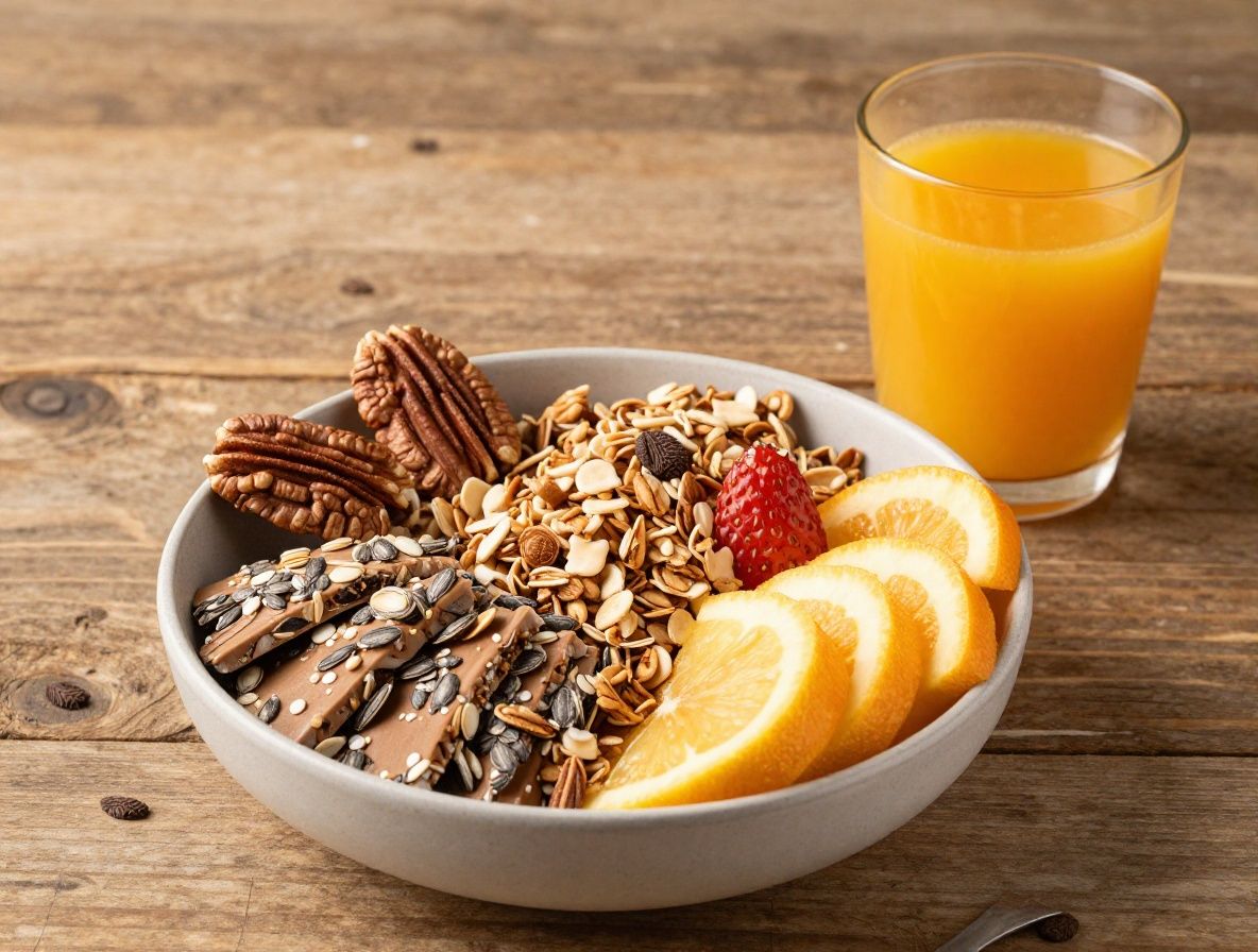 Mesa de desayuno saludable con cuenco de granola, frutas frescas, nueces, semillas y zumo de naranja natural sobre tabla de madera rústica
